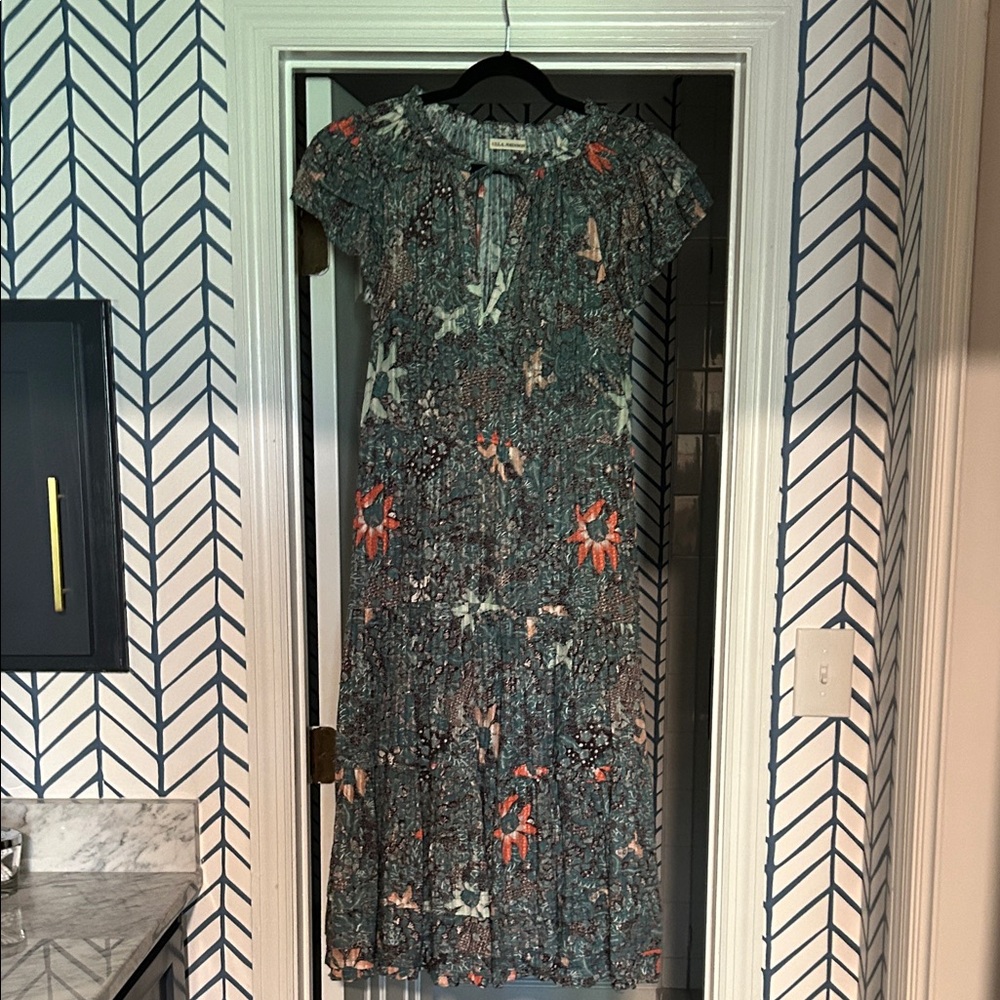 Ulla Johnson Teal Floral Ruffle-Shoulder Maxi Dress